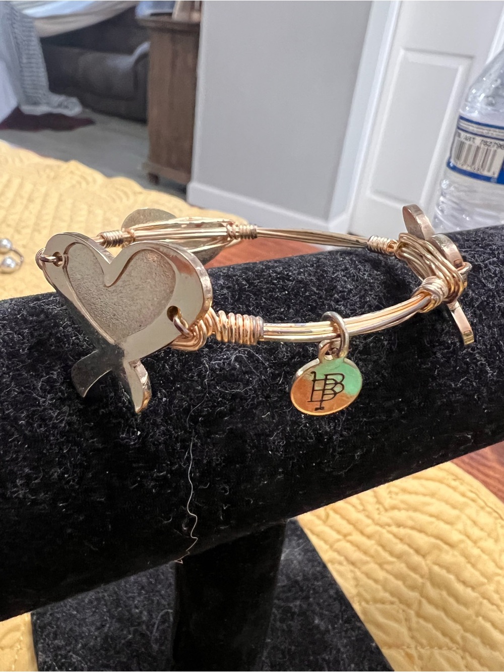 Bourbon and Bowties Gold Heart Ribbon Wire Bangle Bracelet
